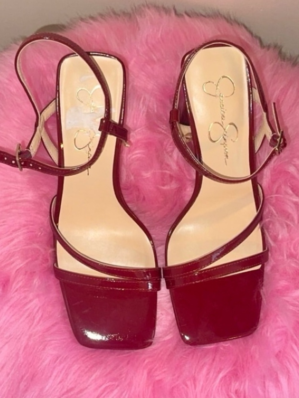 Jessica Simpson Deep Red Patent Square-Toe Ankle-Strap Heels